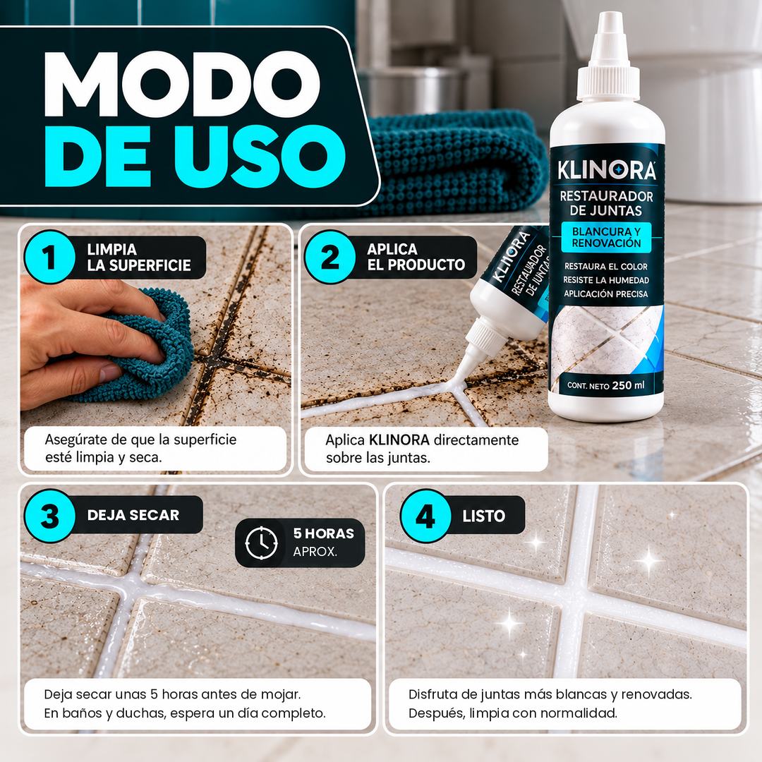Modo de uso: limpia la superficie, aplica el producto, deja secar unas 5 horas y listo