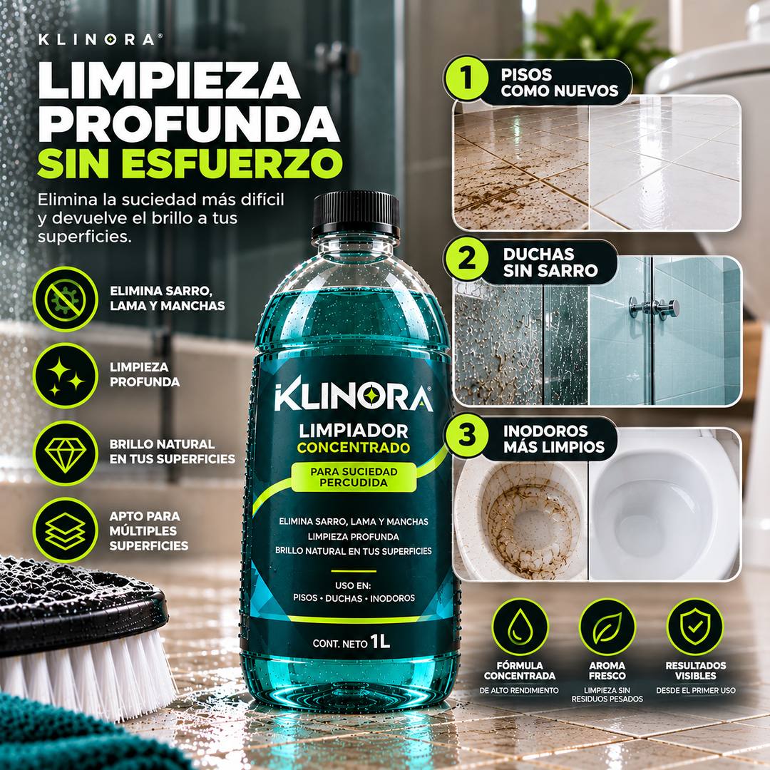 Limpiador concentrado KLINORA de 1 litro para pisos, duchas e inodoros