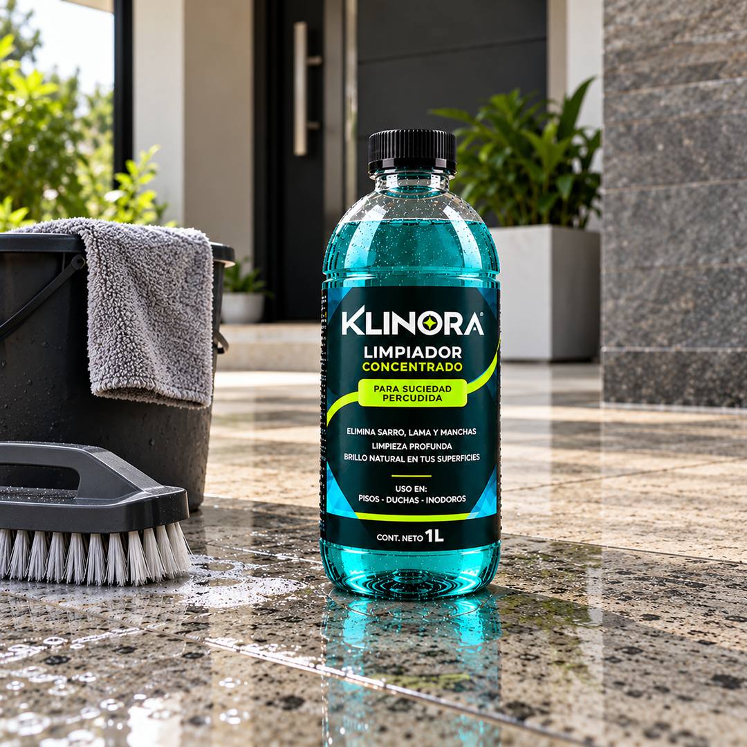 Botella de KLINORA en un piso de entrada limpio y brillante