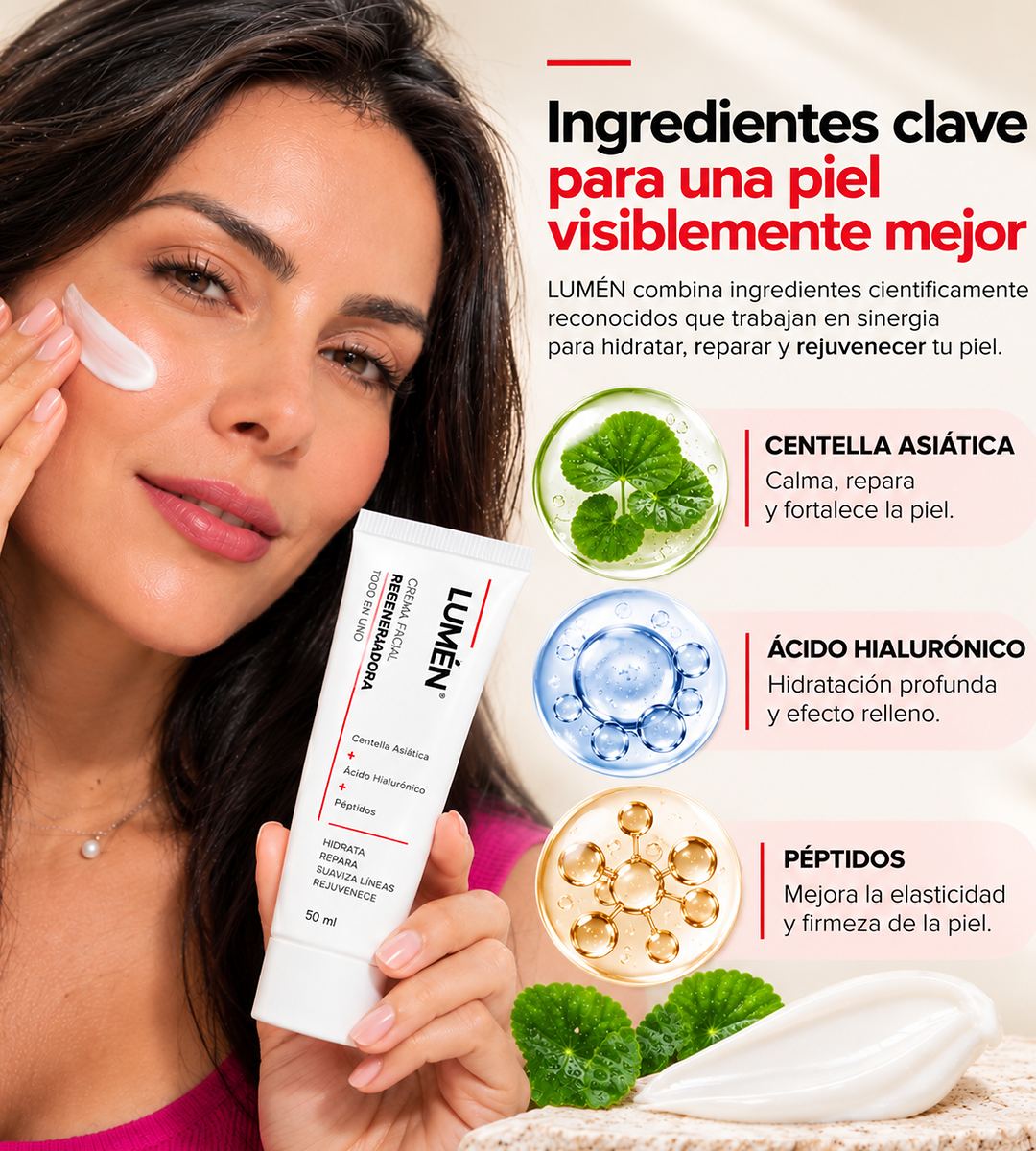 Ingredientes clave de LUMÉN: centella asiática, ácido hialurónico y péptidos